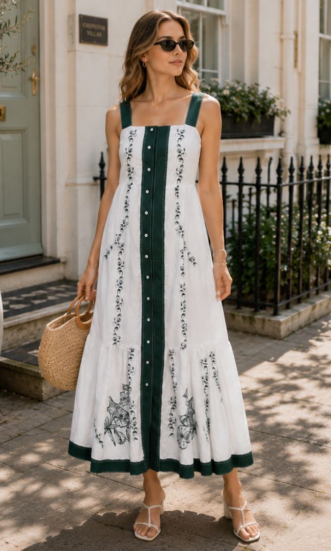 Emerald Bloom Cotton Midi Dress