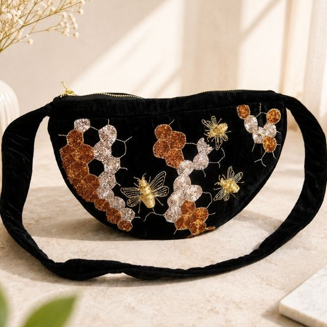 Black Velvet Bee Embroidery Bag