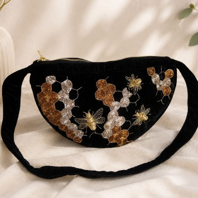 Black Velvet Bee Embroidery Bag