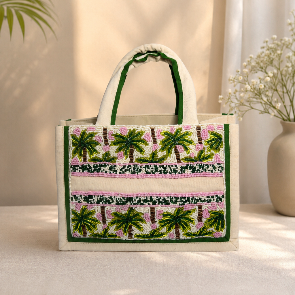 Palm Tree Beaded Tote Bag