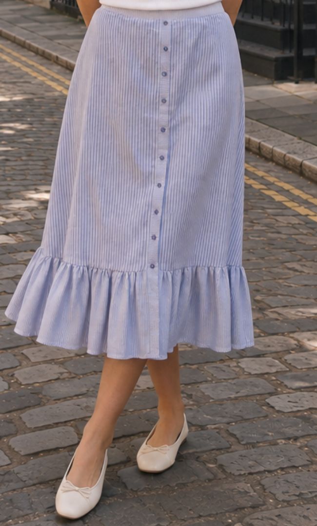 Front-Button Ruffle Midi Skirt