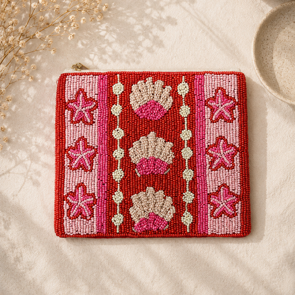Hot Pink Beaded Coin Pouch