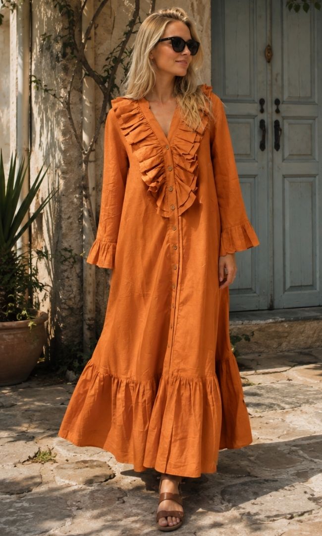 Burnt Orange Ruffle Maxi Dress