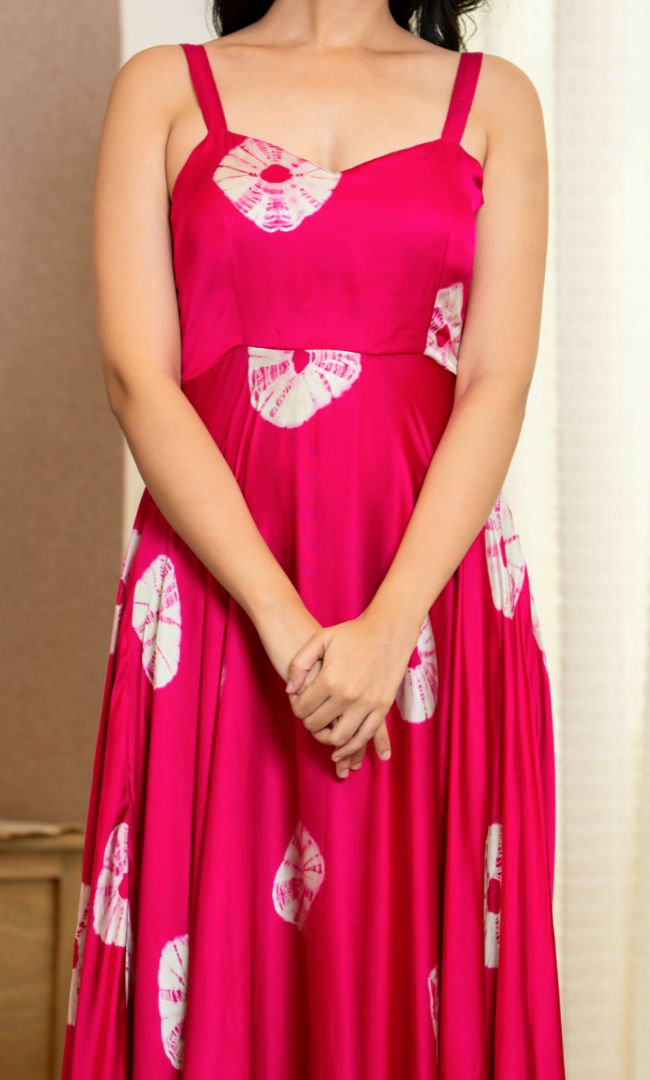 Fuchsia Fan-Print Ruffle Maxi Dress