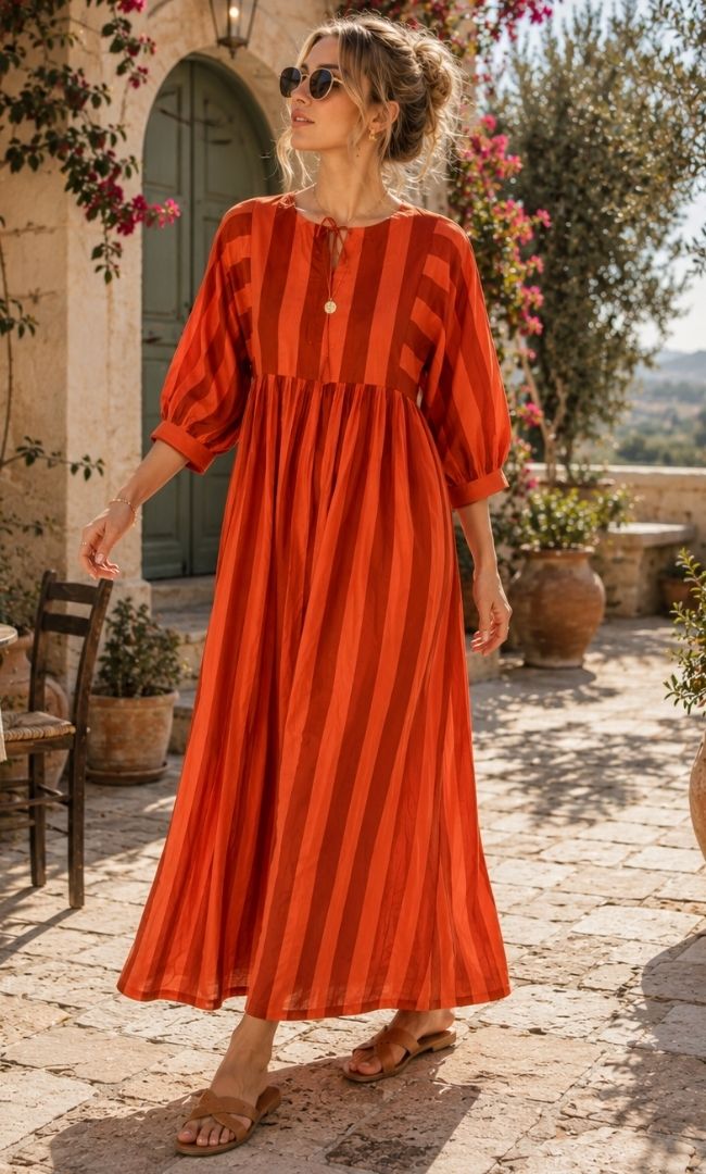 Coral Flame Stripe Maxi Dress