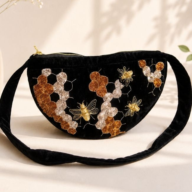 Black Velvet Bee Embroidery Bag
