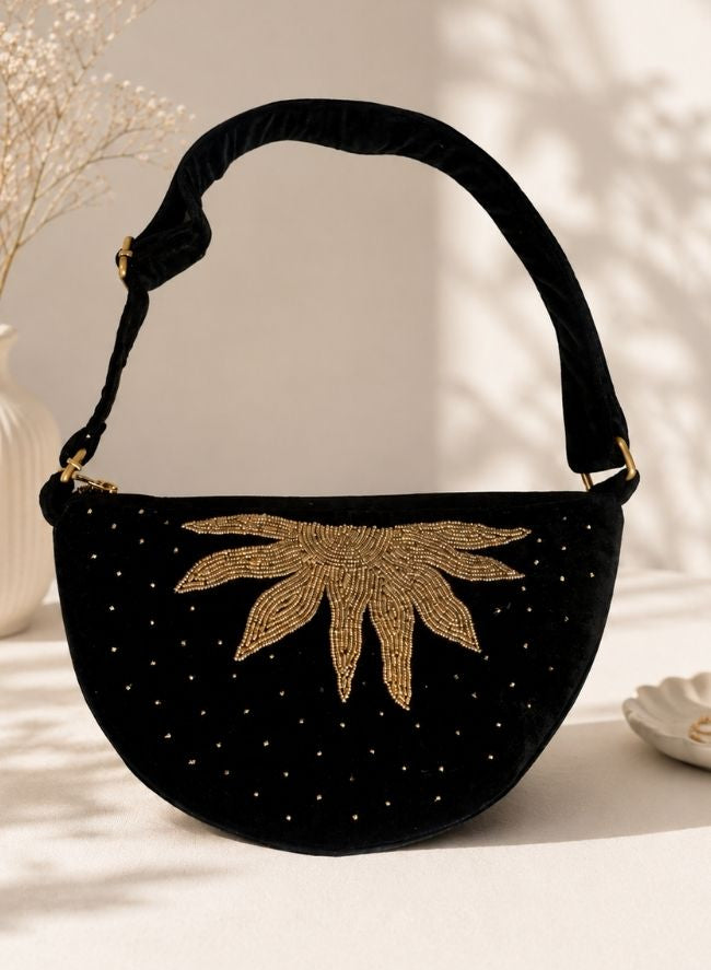 Black Velvet Sunflame Embroidered Bag