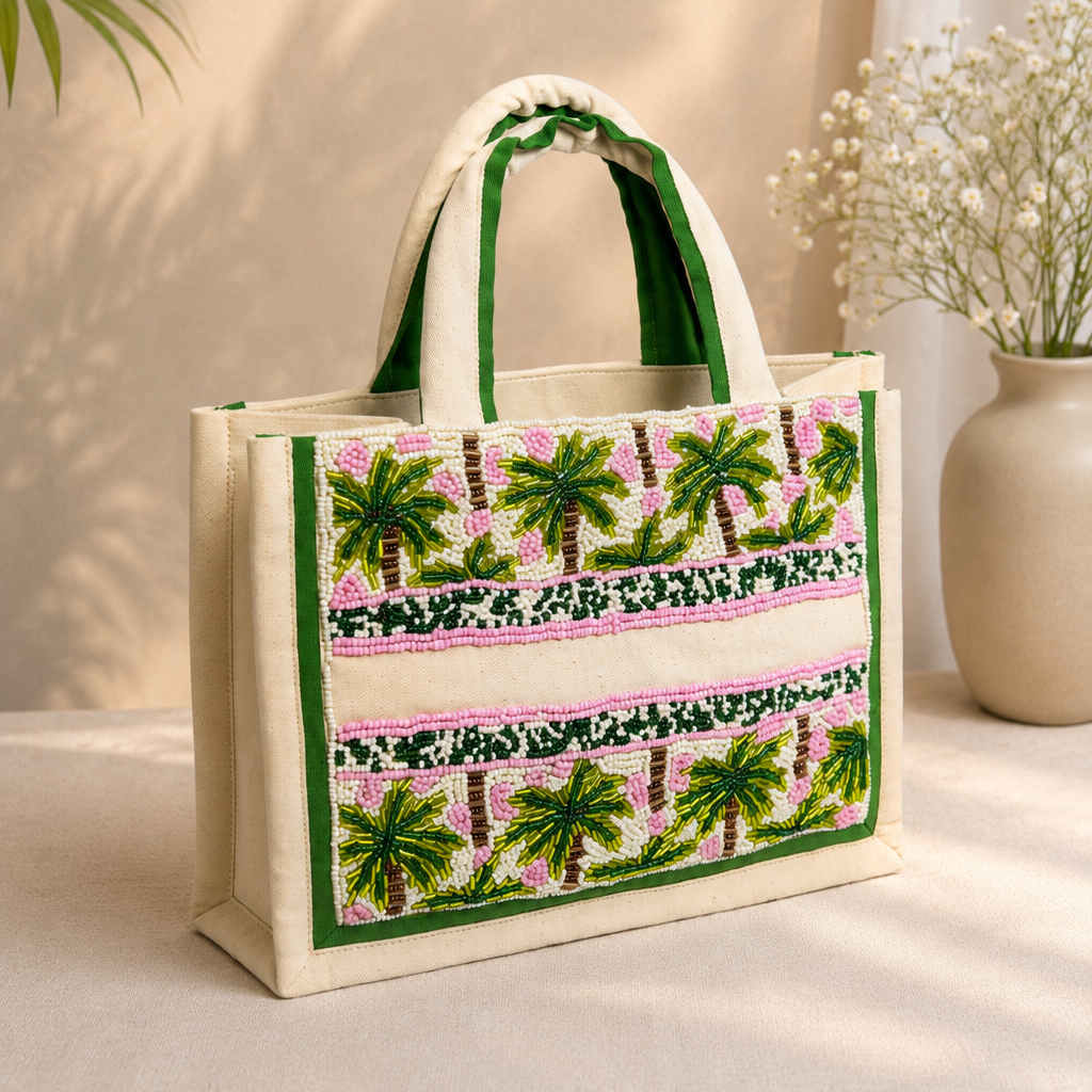 Palm Tree Beaded Tote Bag