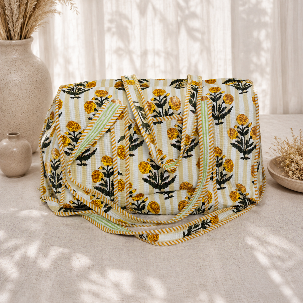 Yellow Handblock Duffle Bag
