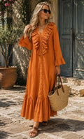 Burnt Orange Ruffle Maxi Dress