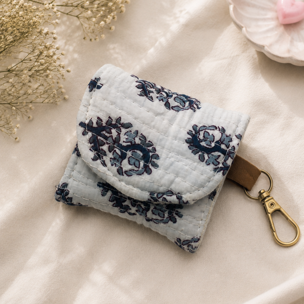 White Blockprint Coin Purse