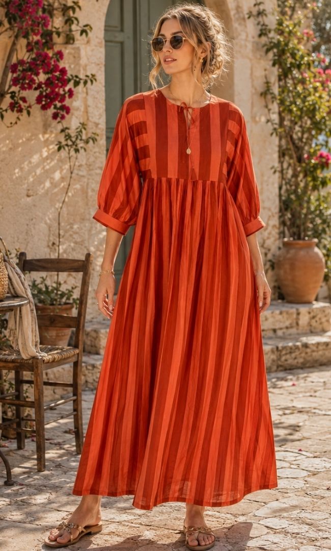 Coral Flame Stripe Maxi Dress