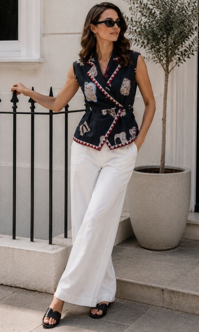 Navy Muse Print Wrap Top