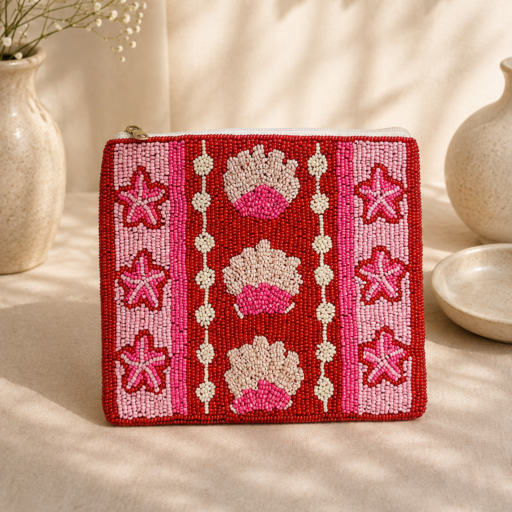 Hot Pink Beaded Coin Pouch