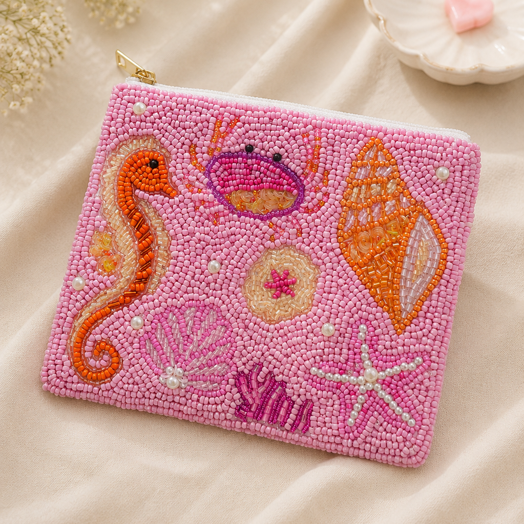 Sealife Pink Beaded Coin Purse