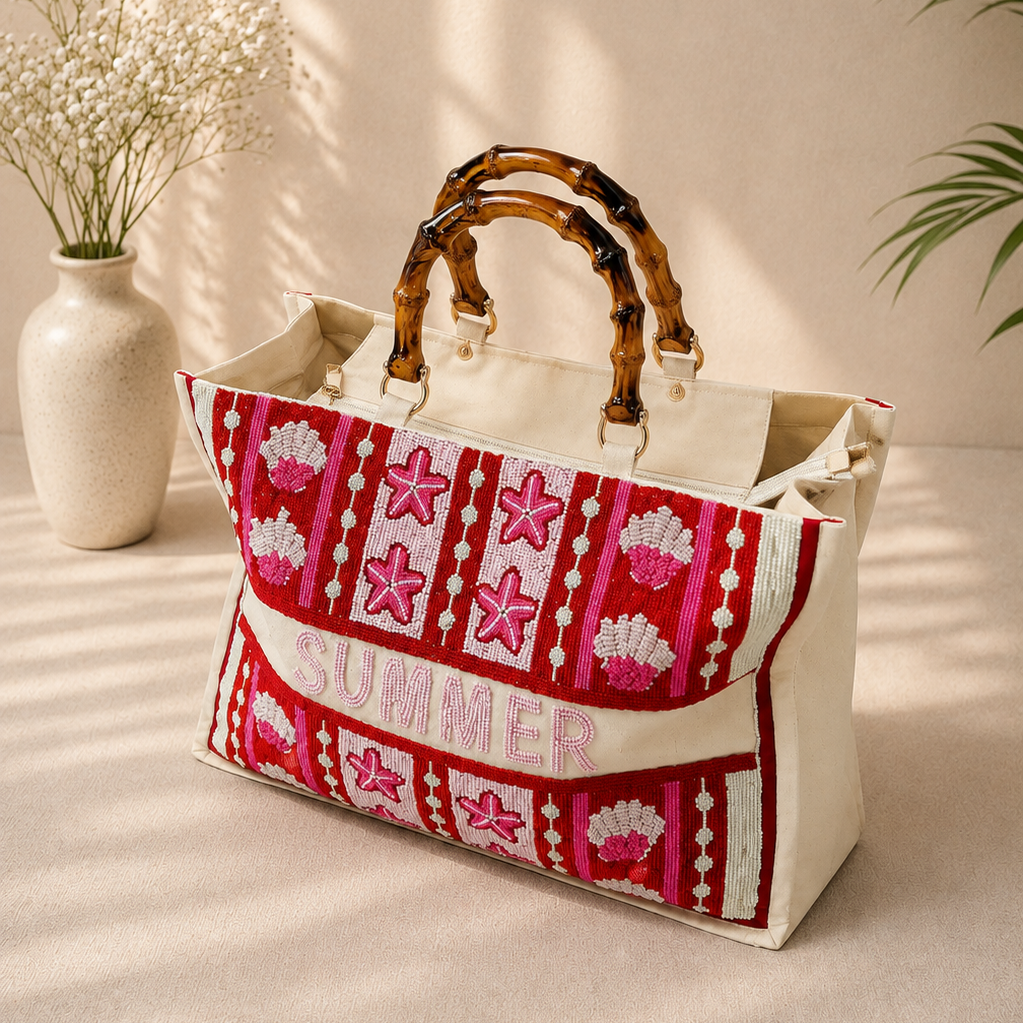 Hot Pink Beaded Tote Bag