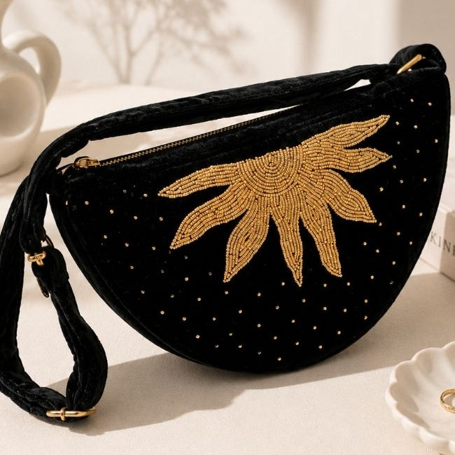 Black Velvet Sunflame Embroidered Bag