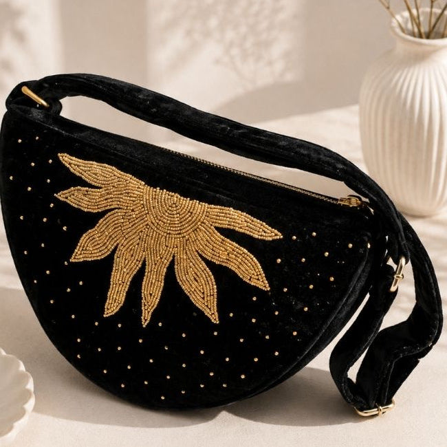 Black Velvet Sunflame Embroidered Bag