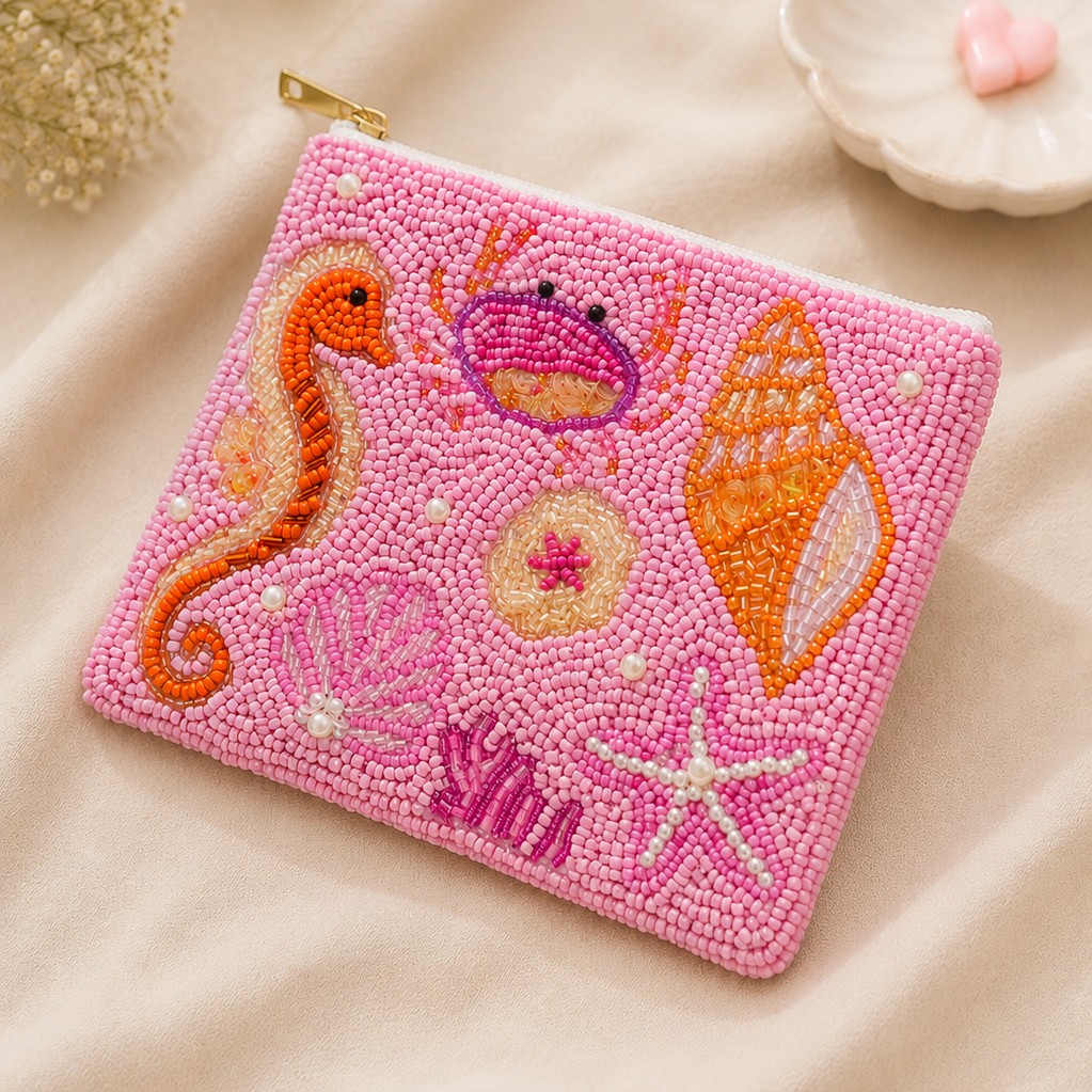 Sealife Pink Beaded Coin Purse