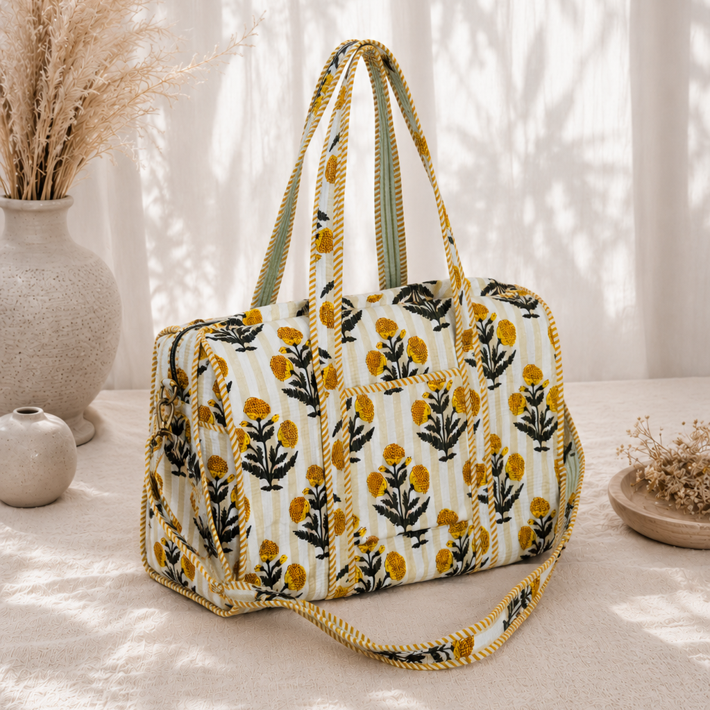 Yellow Handblock Duffle Bag