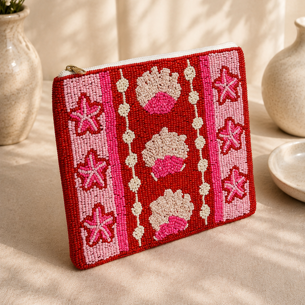 Hot Pink Beaded Coin Pouch