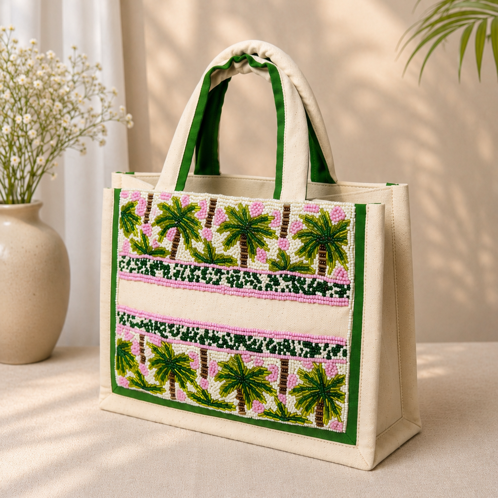 Palm Tree Beaded Tote Bag