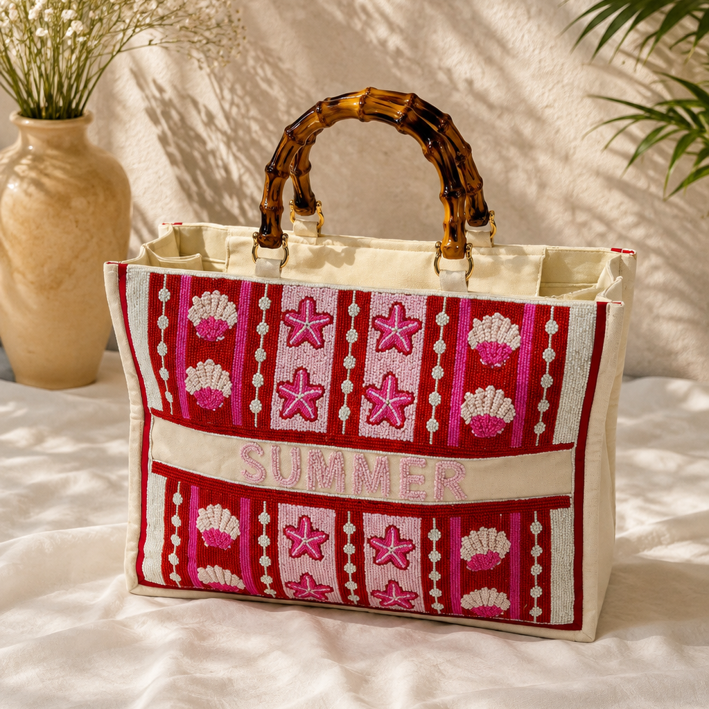Hot Pink Beaded Tote Bag