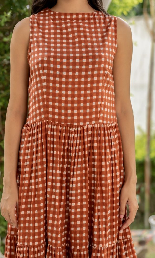 Caramel Checks Cotton Dress