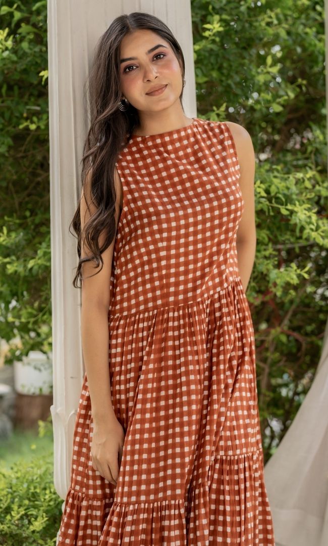 Caramel Checks Cotton Dress