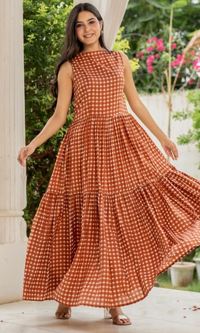 Caramel Checks Cotton Dress