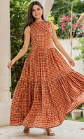 Caramel Checks Cotton Dress