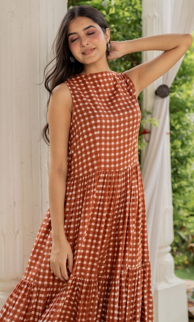 Caramel Checks Cotton Dress