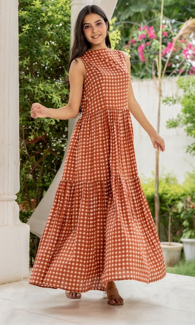 Caramel Checks Cotton Dress