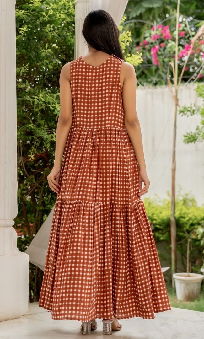 Caramel Checks Cotton Dress