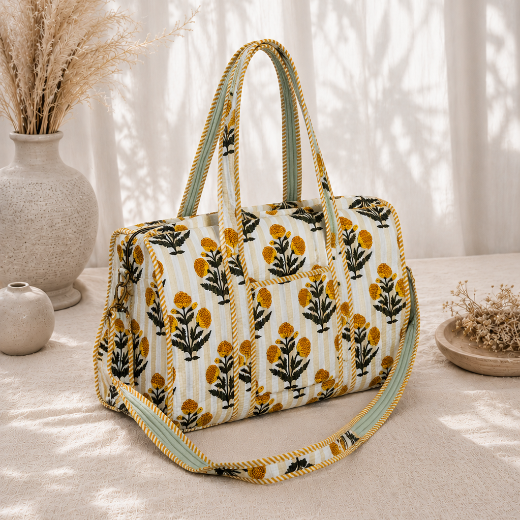 Yellow Handblock Duffle Bag