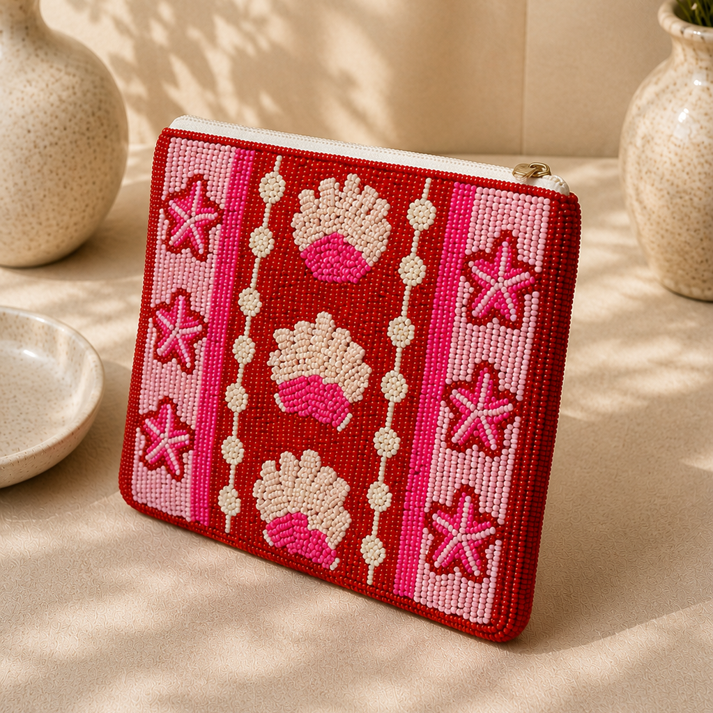 Hot Pink Beaded Coin Pouch
