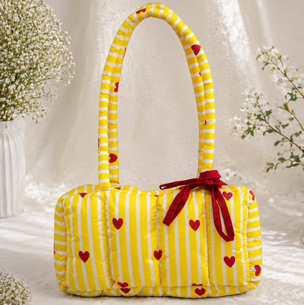 Yellow Heart Puffer Baguette Bag