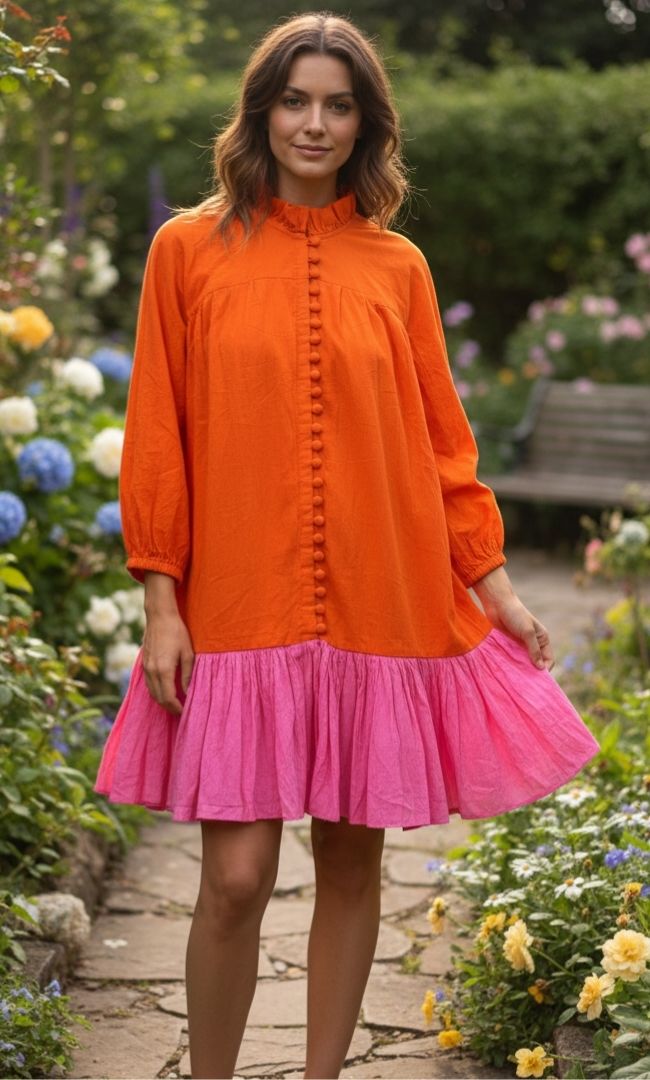 Coral Pink Colorblock Smock Dress