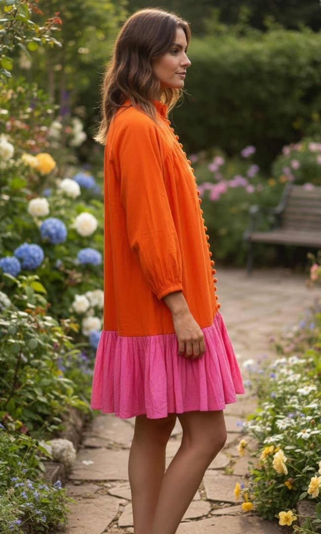 Coral Pink Colorblock Smock Dress