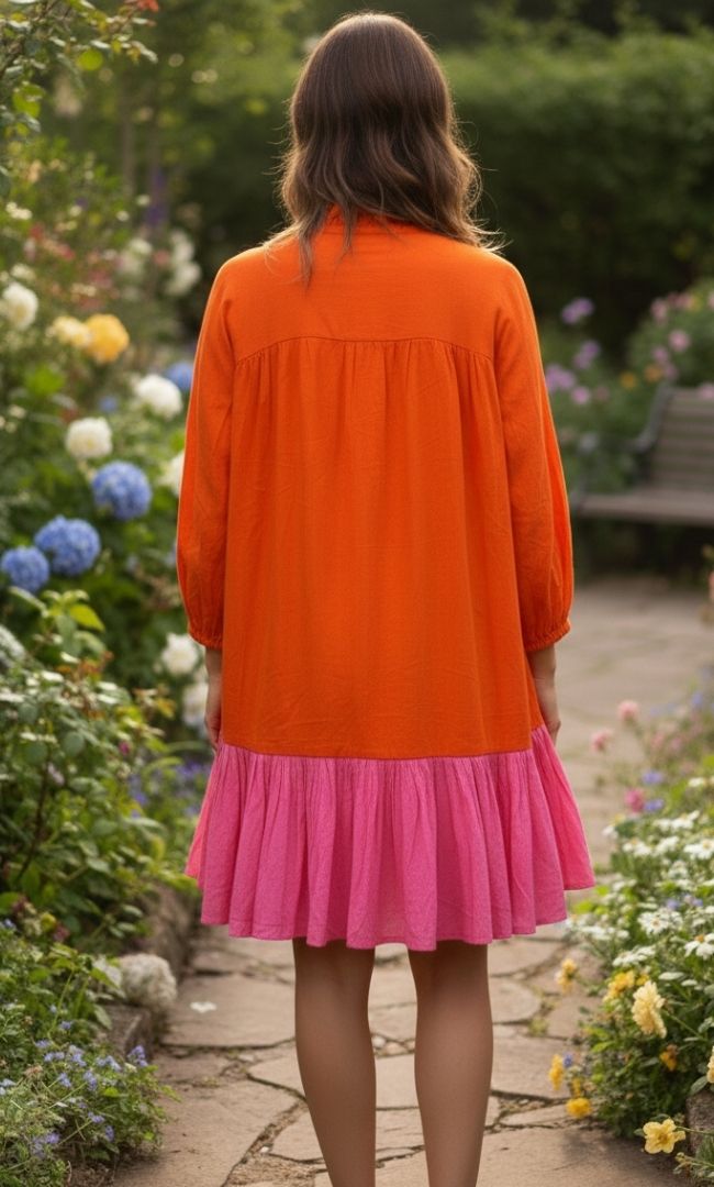 Coral Pink Colorblock Smock Dress