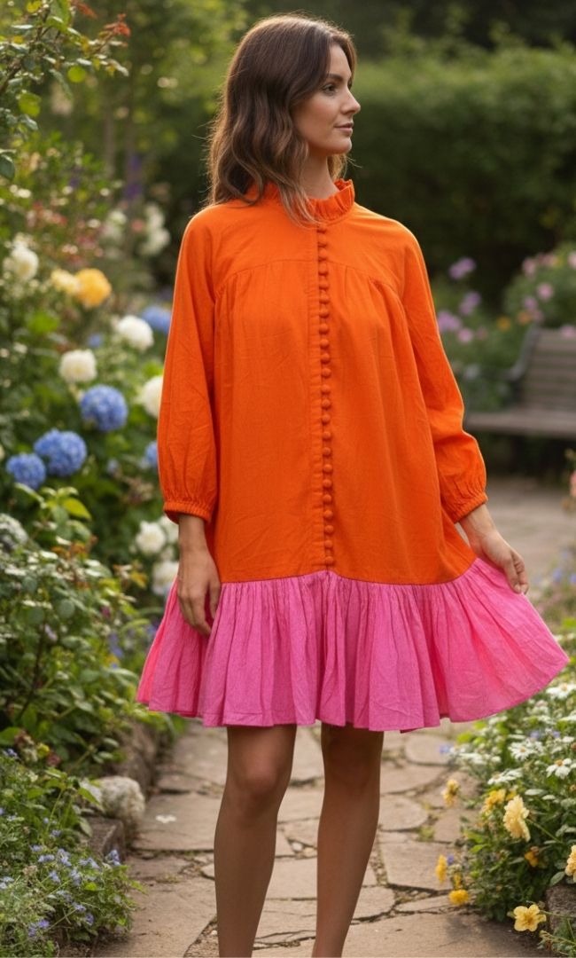Coral Pink Colorblock Smock Dress