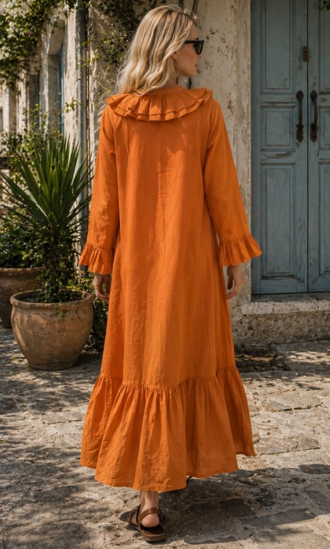 Burnt Orange Ruffle Maxi Dress