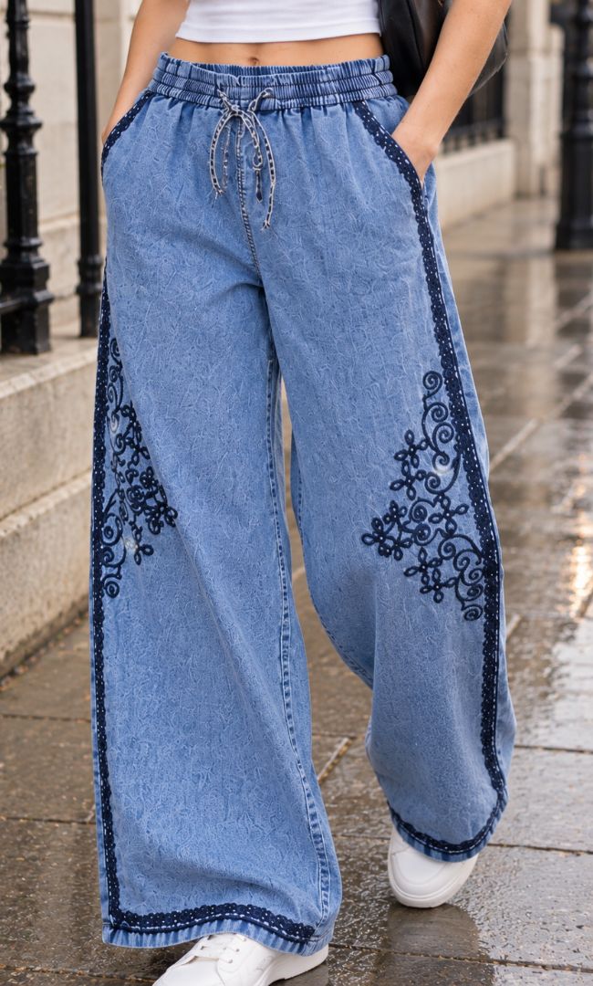 Indigo Embroidered Floral Border Pants