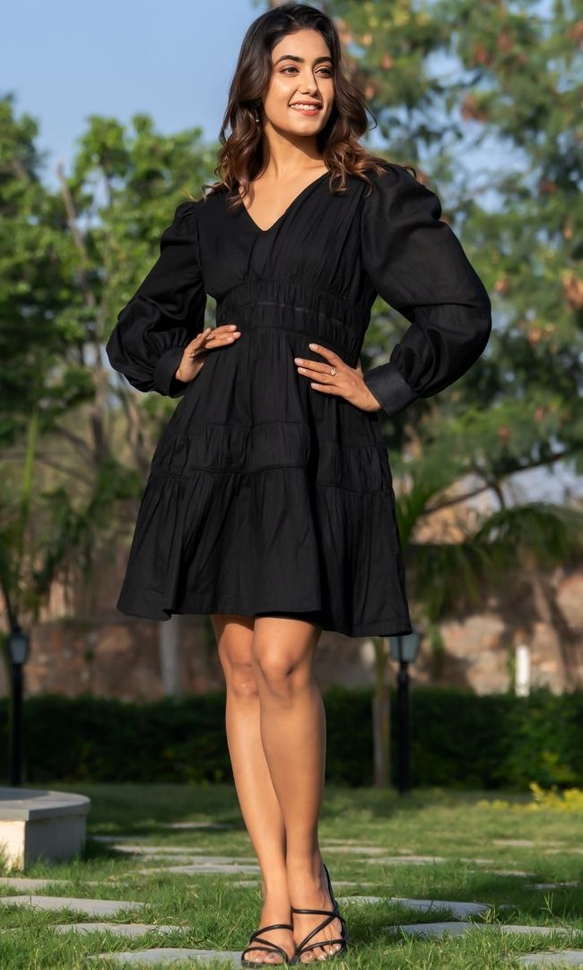 Black Cotton Tiered Dress