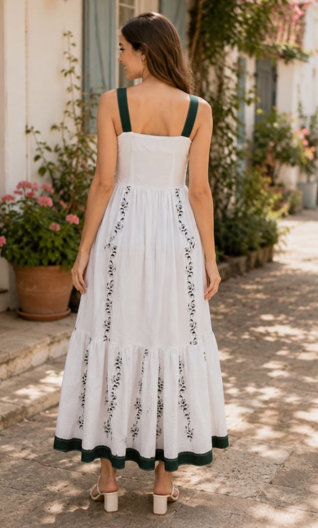 Emerald Bloom Cotton Midi Dress