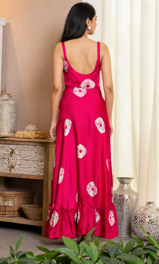 Fuchsia Fan-Print Ruffle Maxi Dress