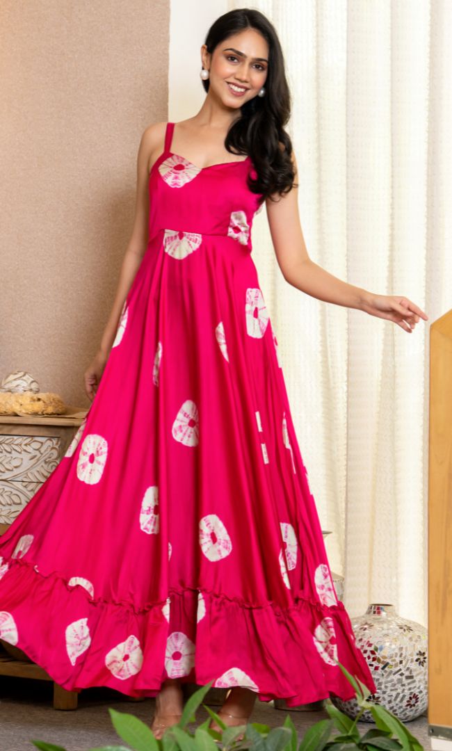 Fuchsia Fan-Print Ruffle Maxi Dress