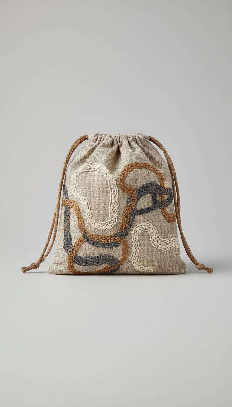 Embroidered fabric pouch with botanical motif