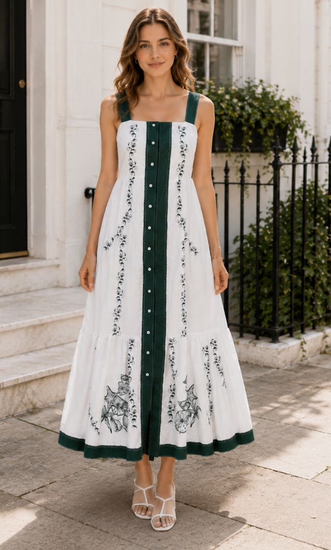 Emerald Bloom Cotton Midi Dress