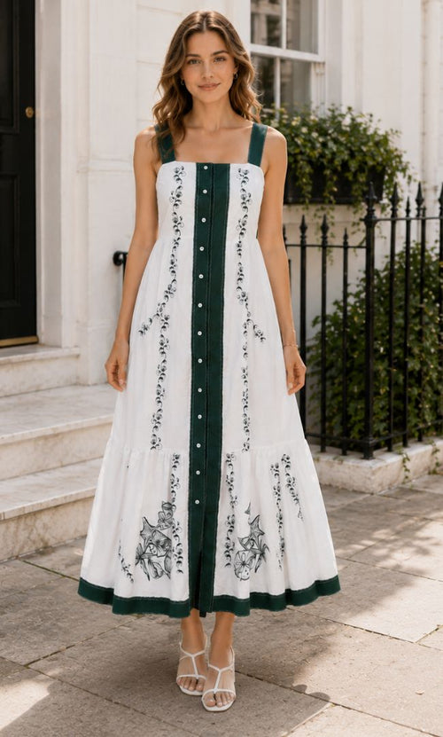 Emerald Bloom Cotton Midi Dress